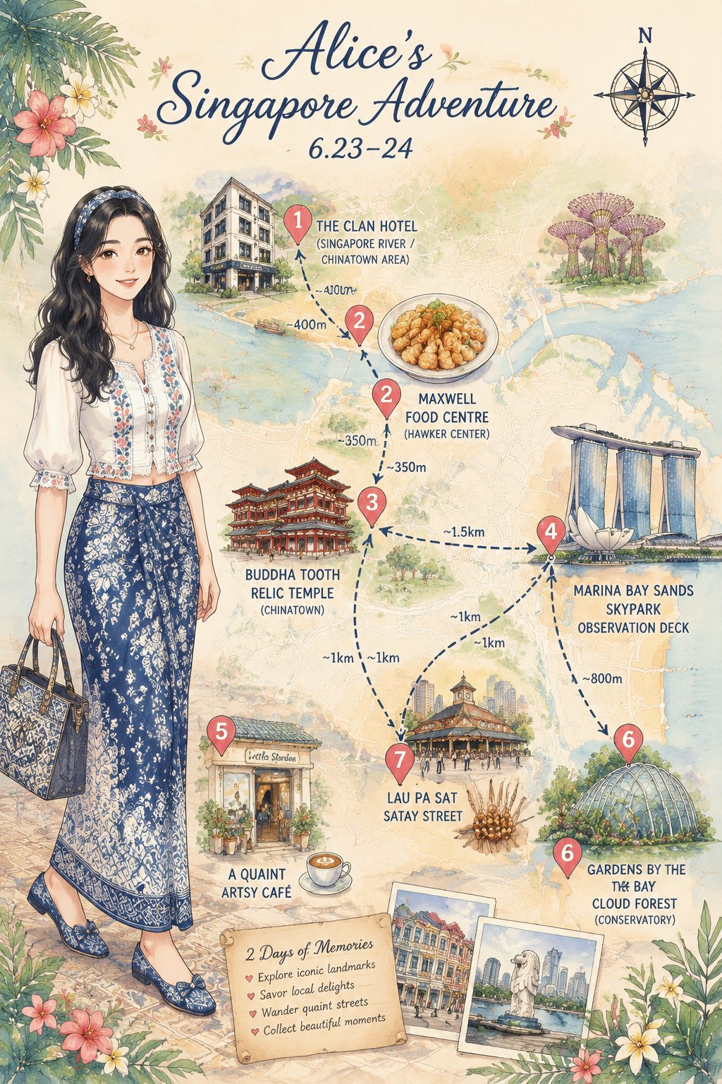 穿娘惹装的新加坡手绘行程地图