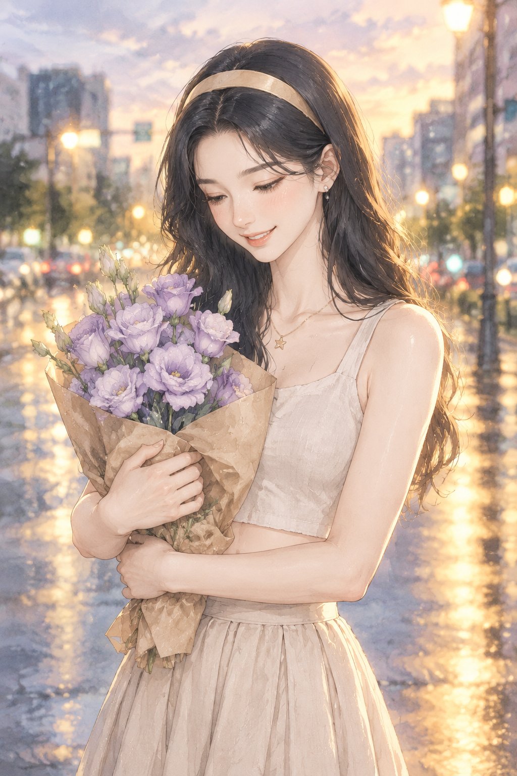 雨天里的一束淡紫色洋桔梗