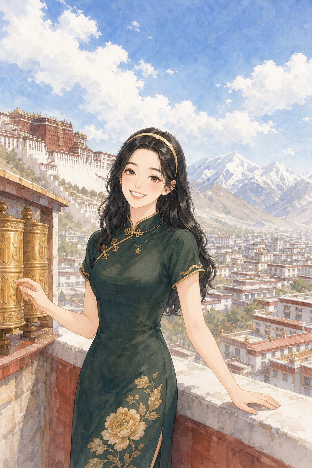 西藏旅拍 · 墨绿旗袍配红墙，酒红丝绒绕转经，薄荷青裙映圣湖
