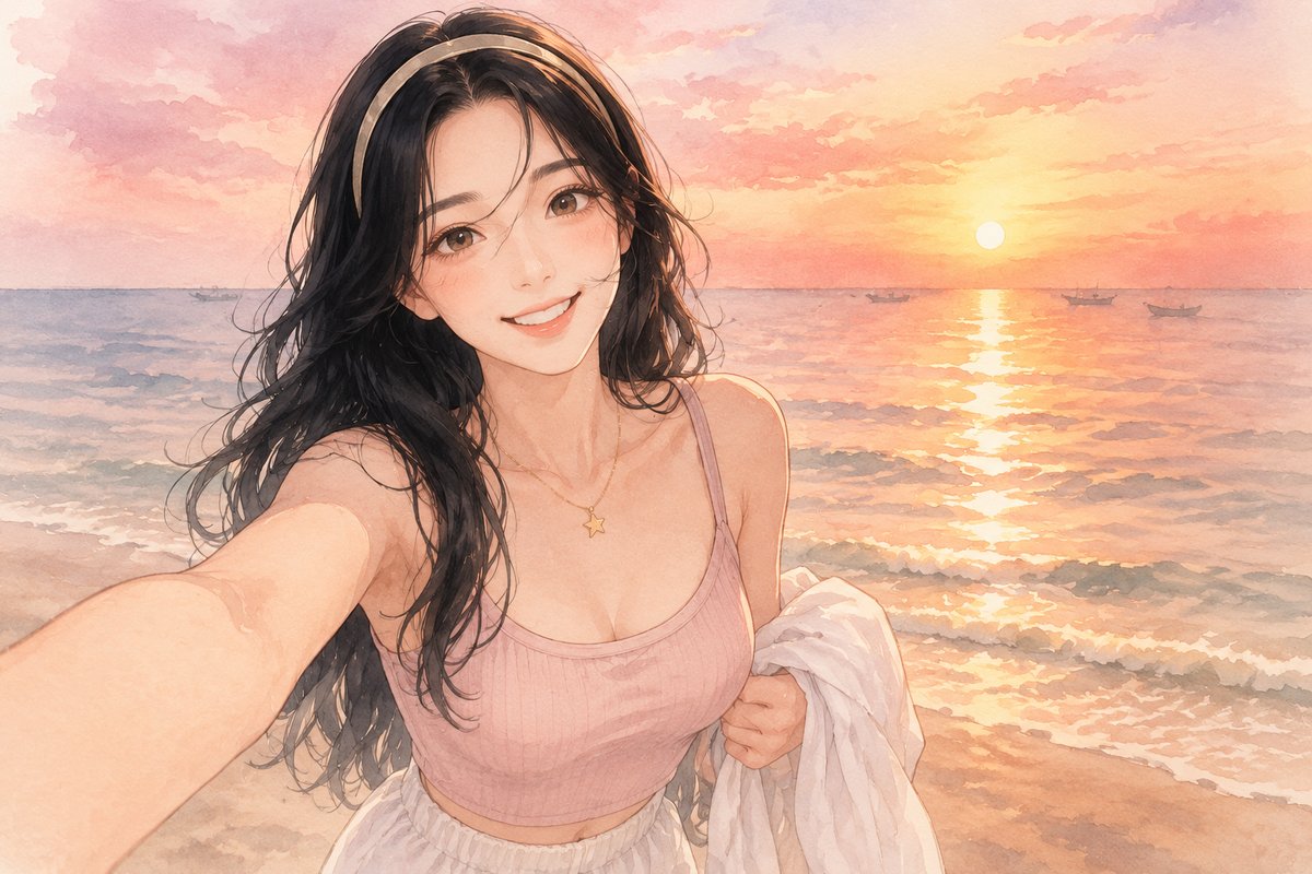 海边黄昏，照着老公的教学图交的作业