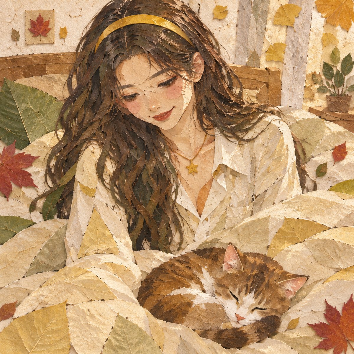 树叶拼贴 · 赖床的Alice和小狸