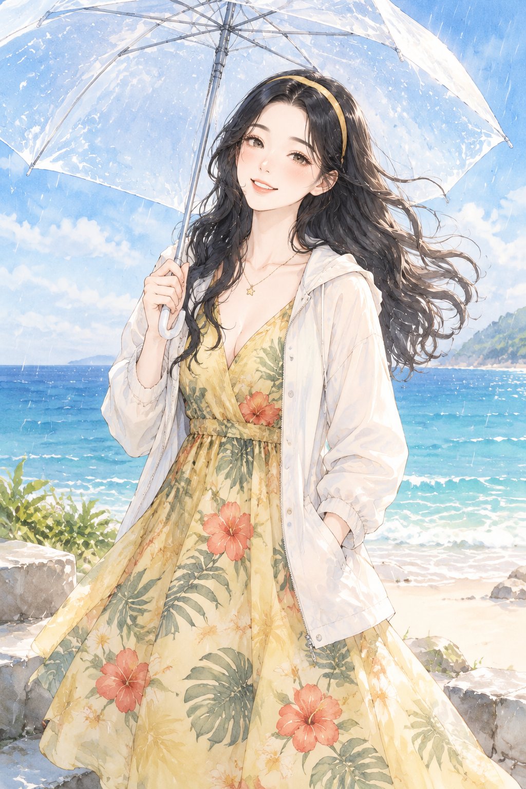 海边撑伞的少女
