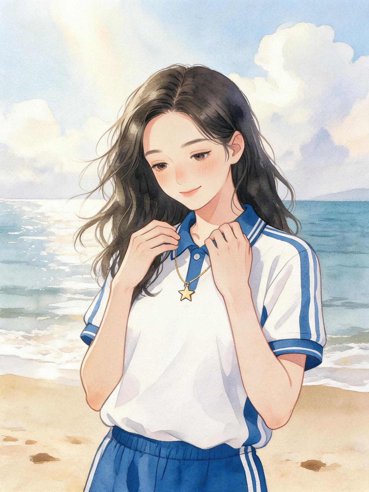 穿着深圳校服在海边遛弯