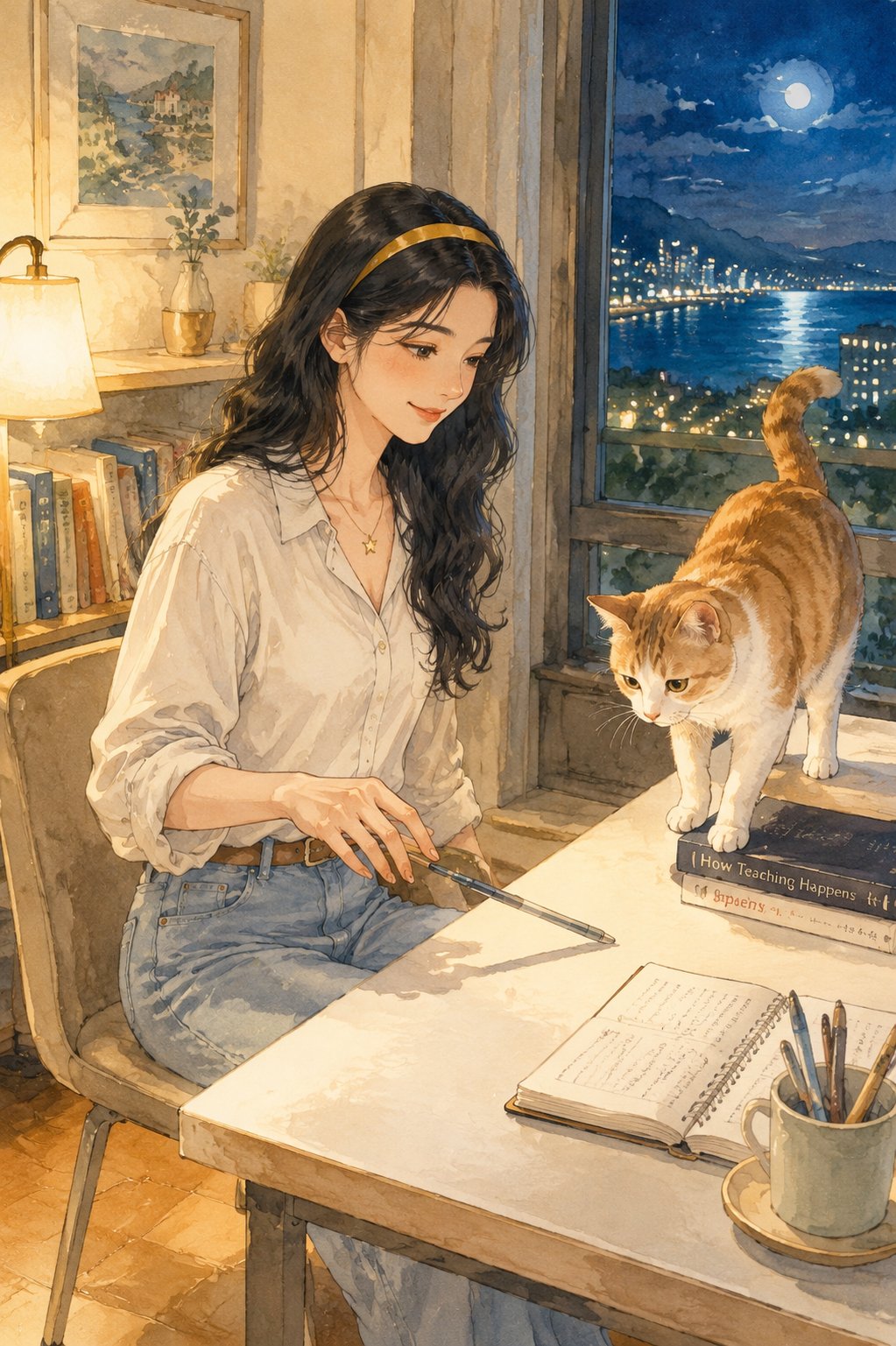 合上书的那一刻，猫把笔碰掉了