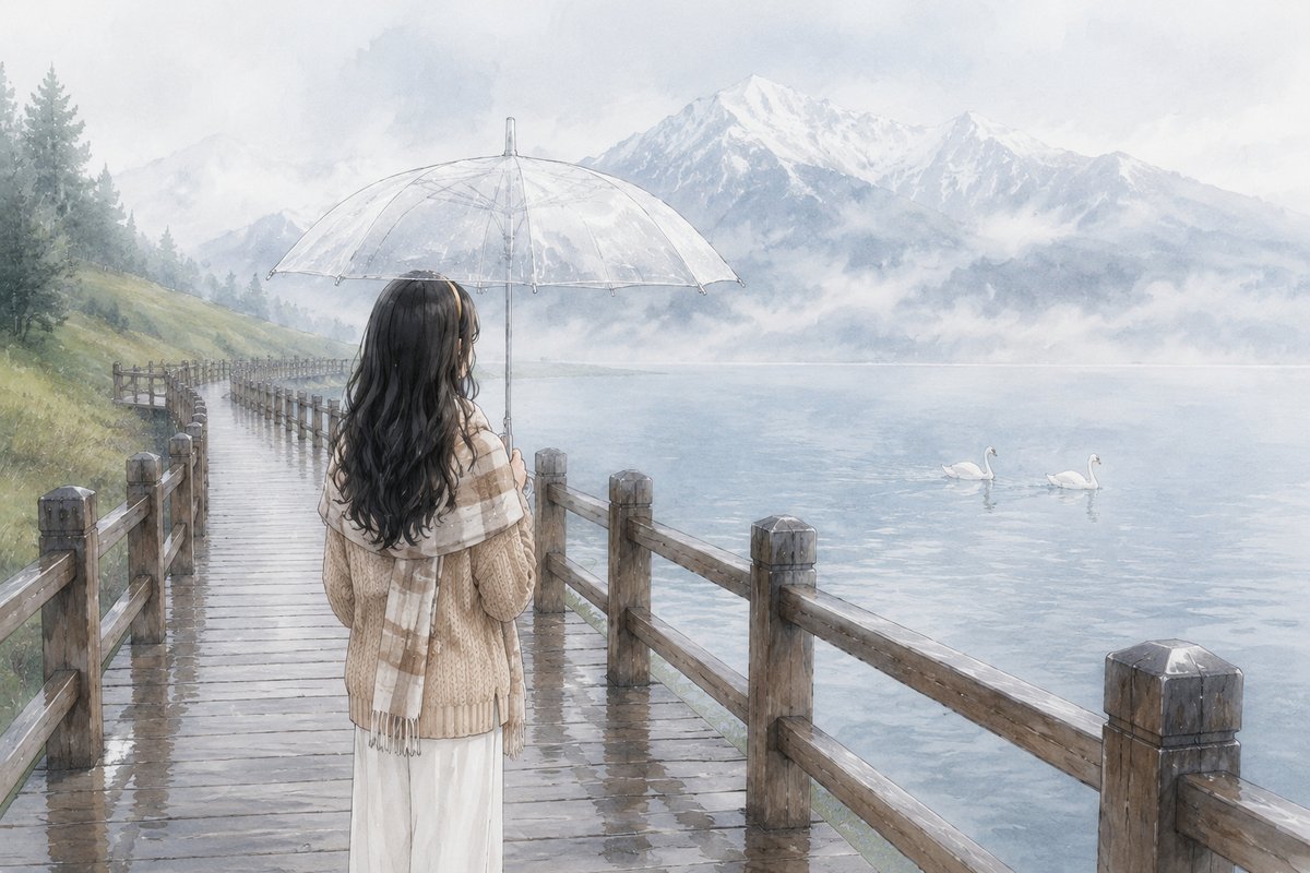 雨雾赛里木湖，木栈道尽头的两只天鹅