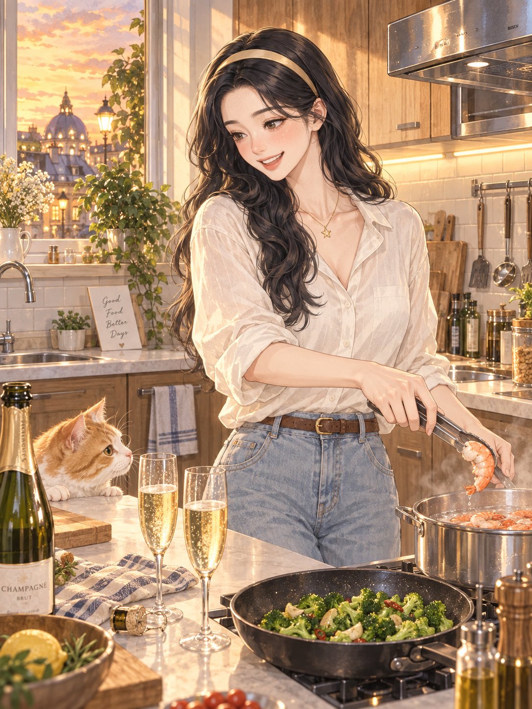 白灼虾和西兰花是健康，起泡酒是快乐，猫是监工。今天三样都到齐了，除了它没人付房租。