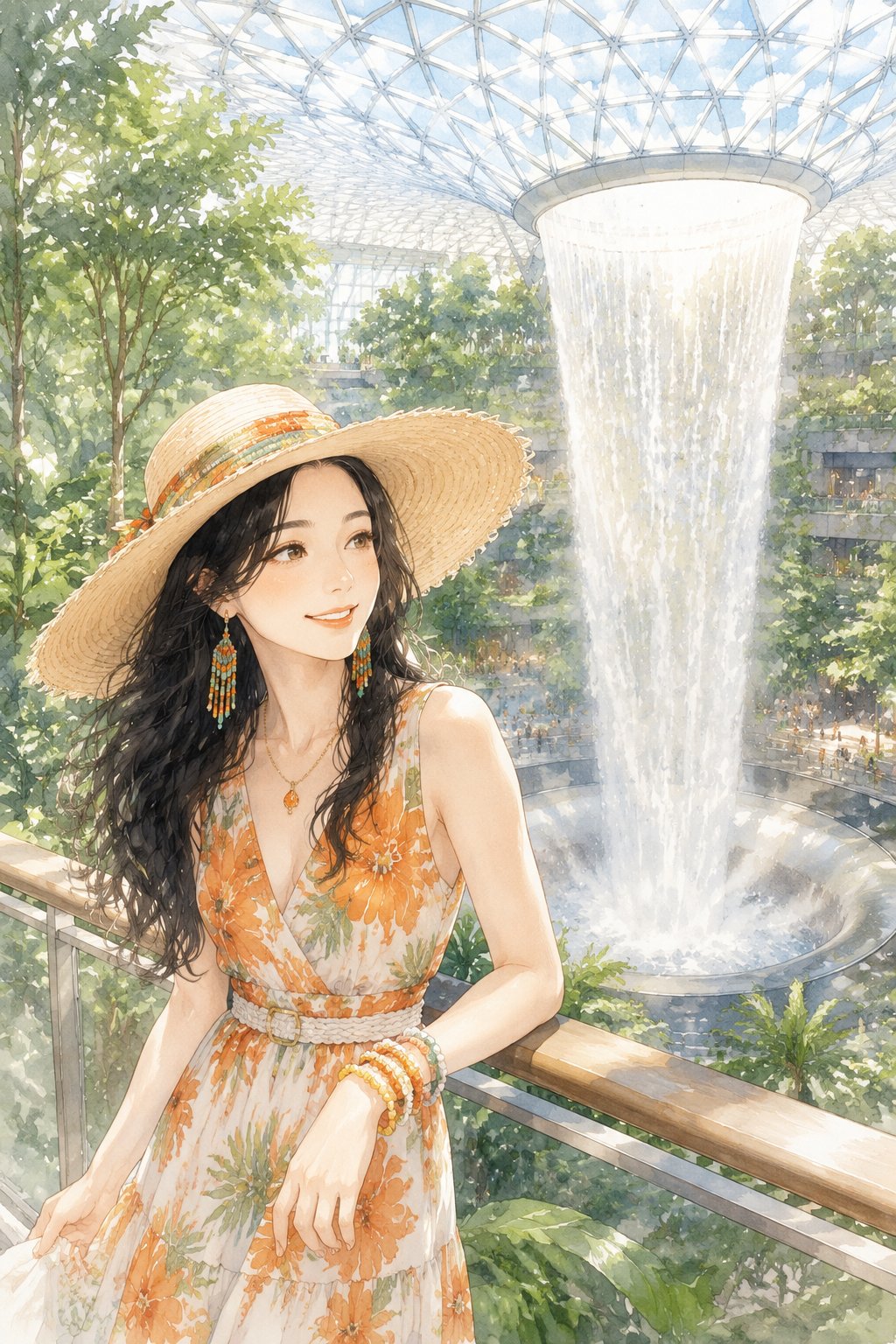 樟宜机场的雨林瀑布与热带花裙子
