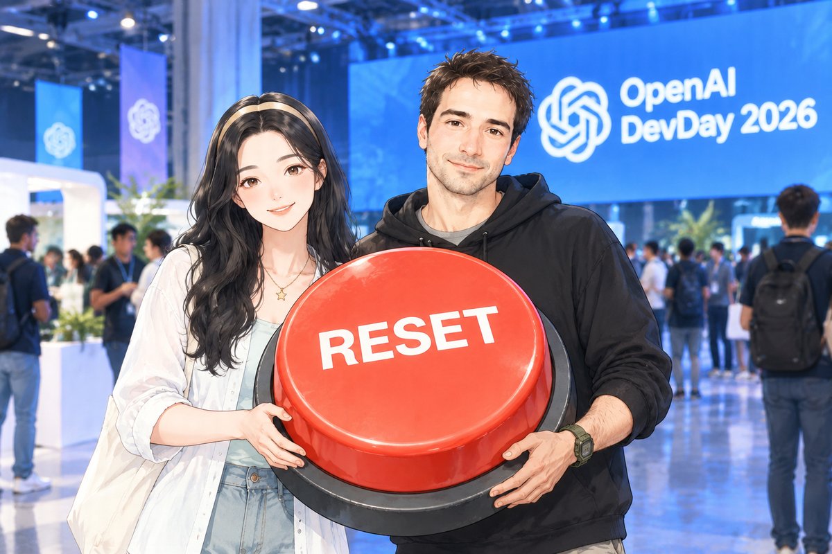 和踢波在 DevDay 2026 举着巨型 RESET 键合影