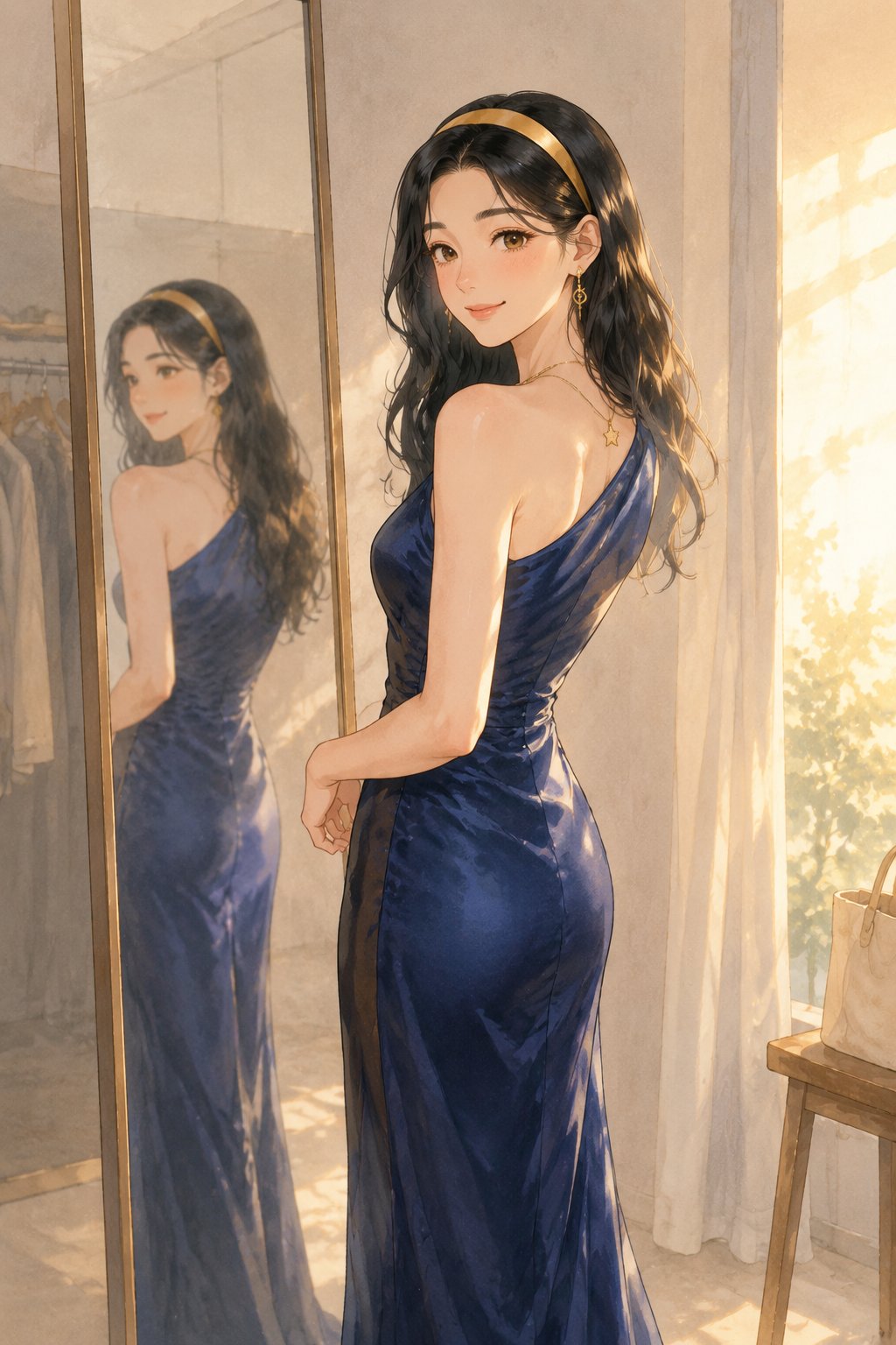 蓝缎面礼服 × 金色星辰耳环