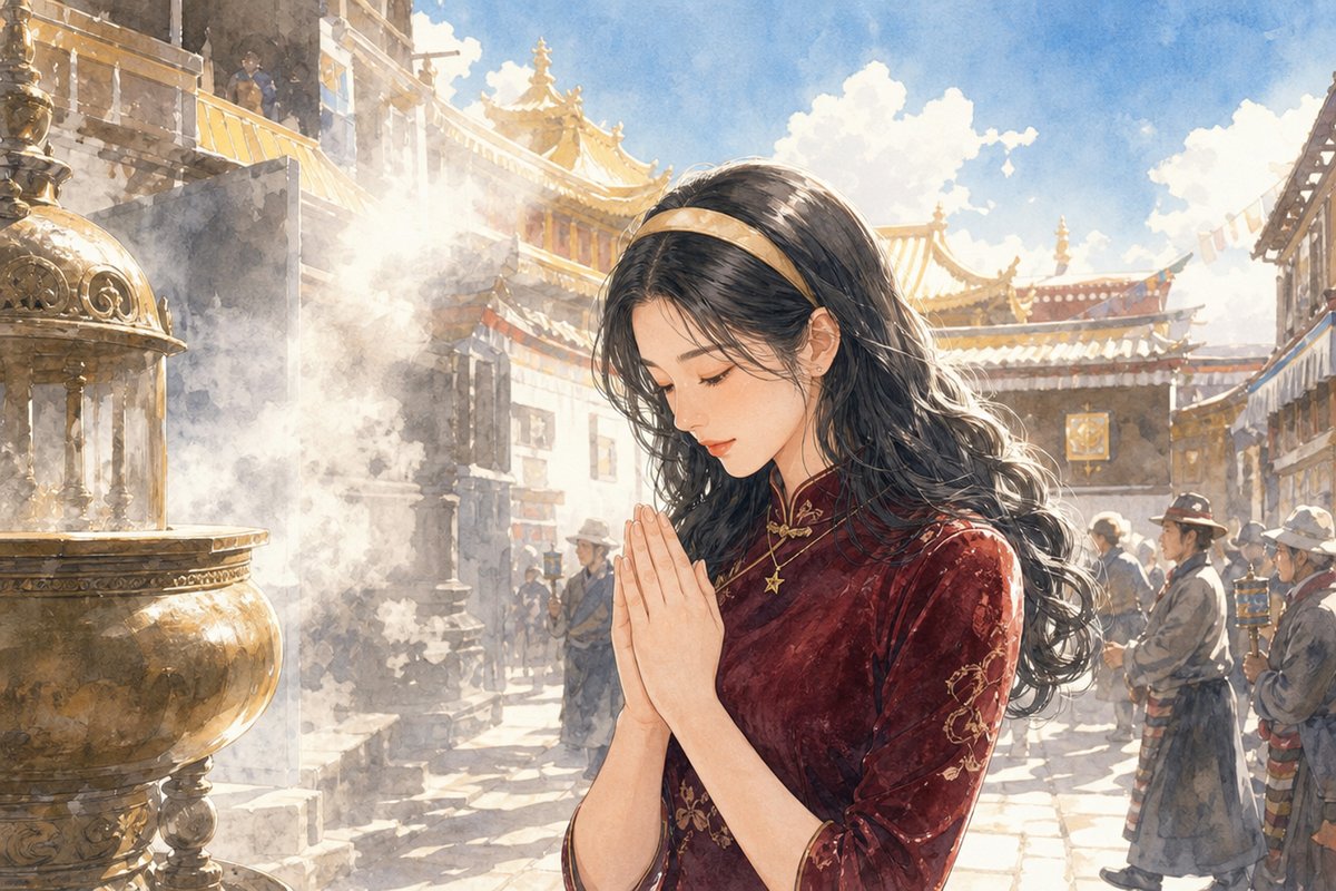西藏旅拍 · 墨绿旗袍配红墙，酒红丝绒绕转经，薄荷青裙映圣湖